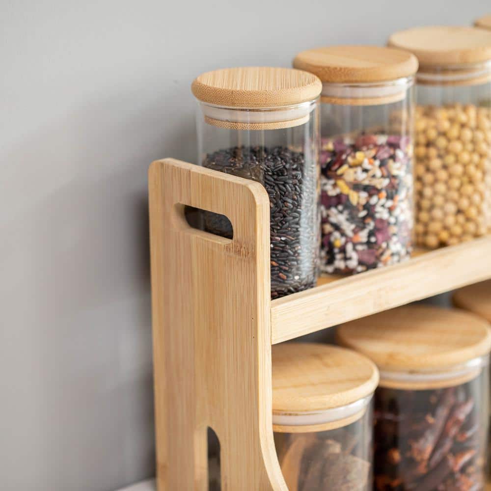 Natural Bamboo 2-Tier Spice Rack with Glass Jars