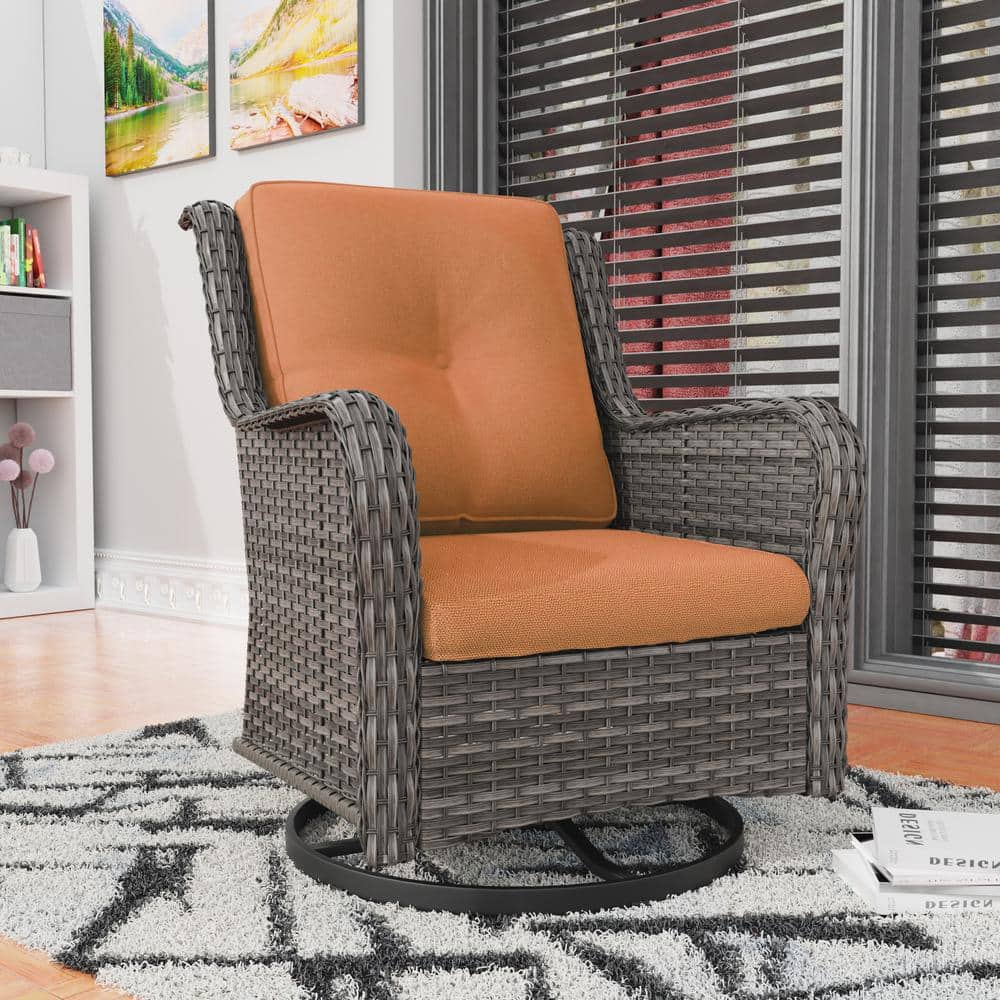 JOYSIDE Wicker Outdoor Rocking Chair Patio Swivel With Orange Cushions ...