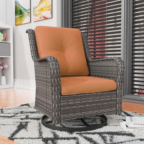JOYSIDE Wicker Outdoor Rocking Chair Patio Swivel with Orange Cushions