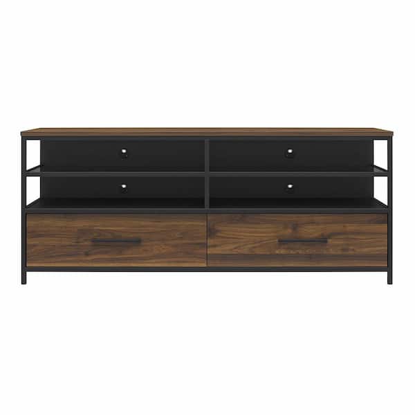 Ameriwood Home Pulse TV Stand for TVs up to 60 in., Walnut Wood Veneer with Black Metal and Black Glass