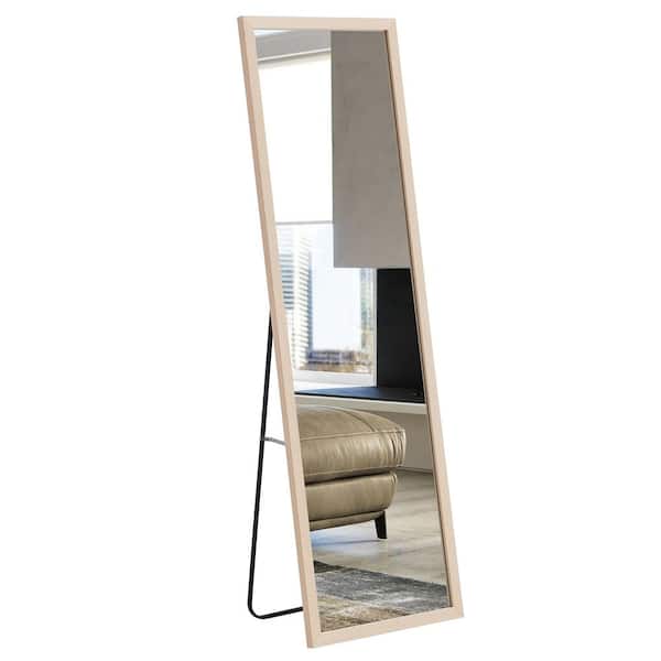 Unbranded 18 in. W x 58 in. H Rectangle Beige Wood Framed Floor Standing Mirror, Wall Mounted Mirror for Bathroom, Bedroom