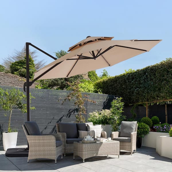 JEAREY 10 ft. Round Cantilever Tilt Patio Umbrella With Crank in Beige