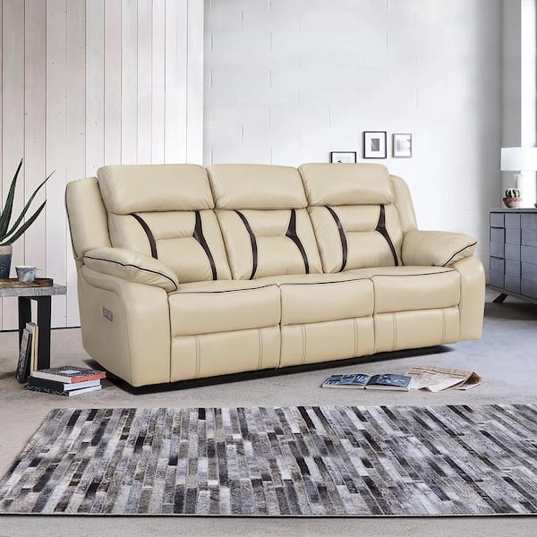 Lazzara Belmont 86 in. W Straight Arm Faux Leather Upholstery Rectangle Power Double Reclining Sofa in. Beige