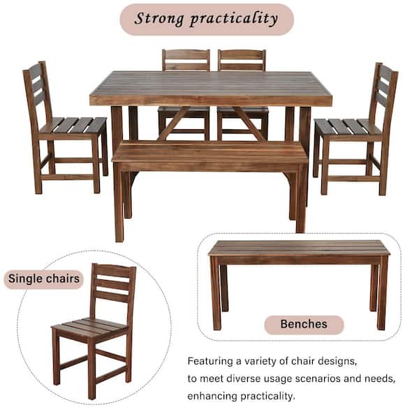 6-Piece Patio Wood Outdoor Dining Set w/Bench+4 Single Chair, All