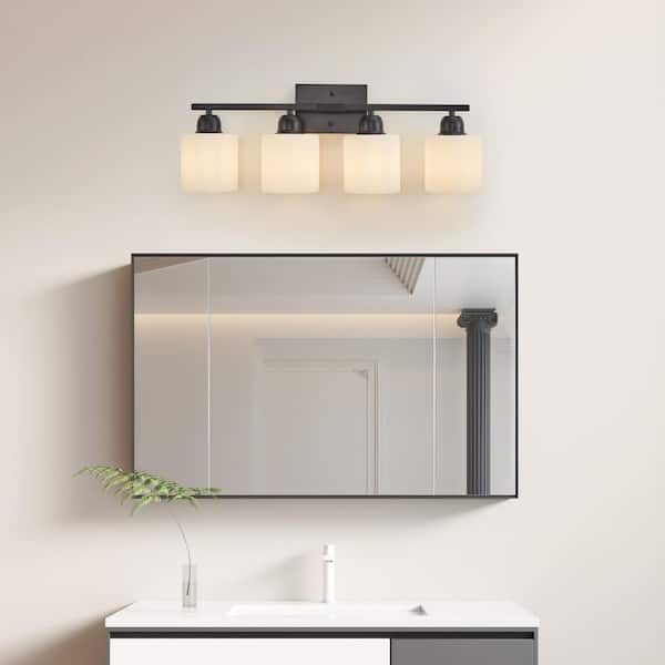 24 in. 4-Light Black Grain Finish Vanity Light Fixture Bathroom Over Mirror Wall Lights with White Glass Shades