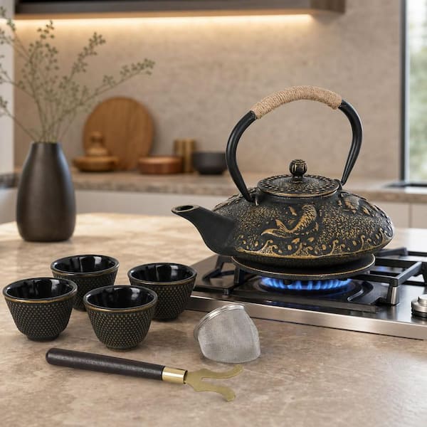 ベヨネッタ ティーセット Wudkey 4-Cup Black Cast Iron Teapot Set Stove Top Tea Kettle with