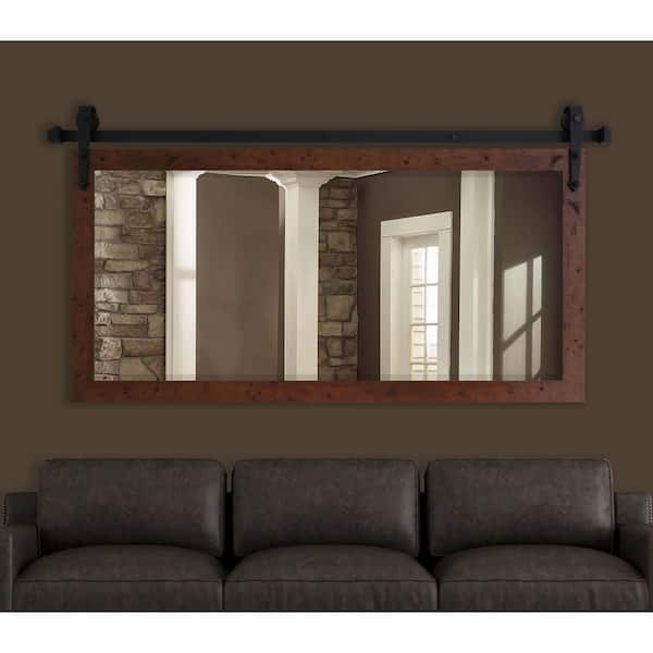 (60 in. W x 31 in. H) Dark Walnut Accent Mirror with Steel Barn Door Rail