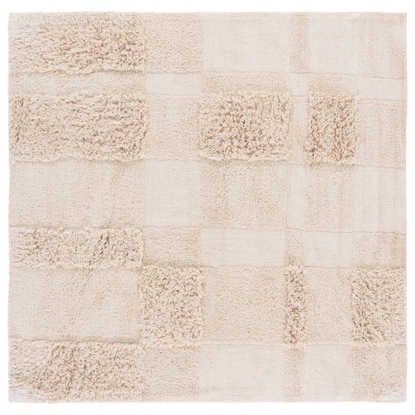 Easy Care 6 ft. x 6 ft. Ivory Machine Washable High-Low Solid Checkered Square Area Rug