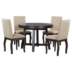 Dark Brown 5-Piece Round Extendable Dining Table with 4-Chairs