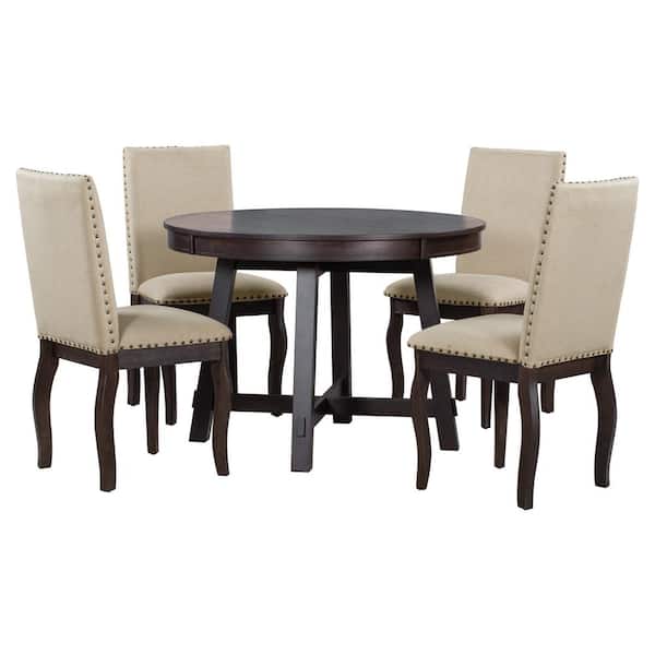 Nestfair Dark Brown 5-Piece Round Extendable Dining Table with 4-Chairs