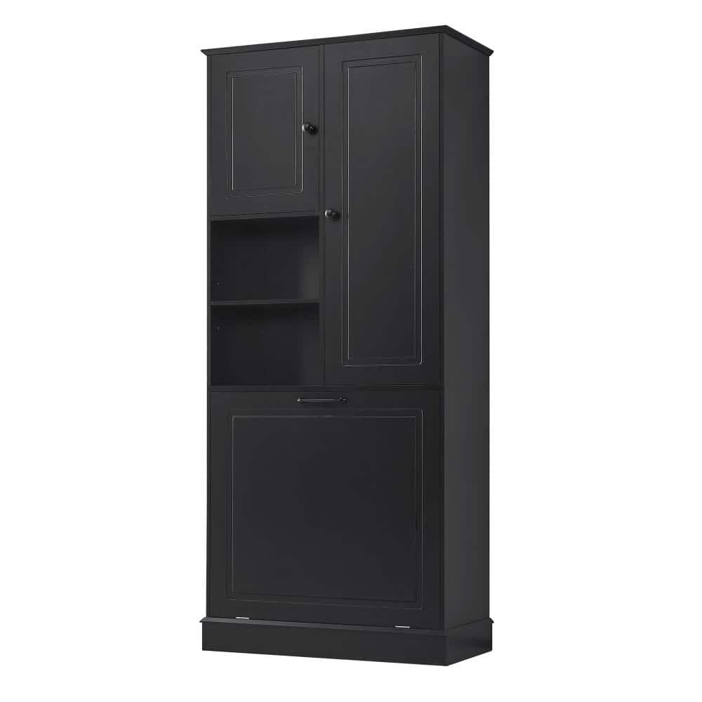 29.9 in. W x 14.2 in. D x 67.7 in. H Black Linen Cabinet with Flip-Out Basket