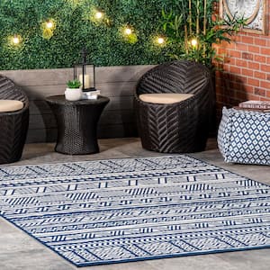 Abbey Tribal Striped Navy 9 ft. 6 in. x 12 ft. Indoor/Outdoor Patio Area Rug