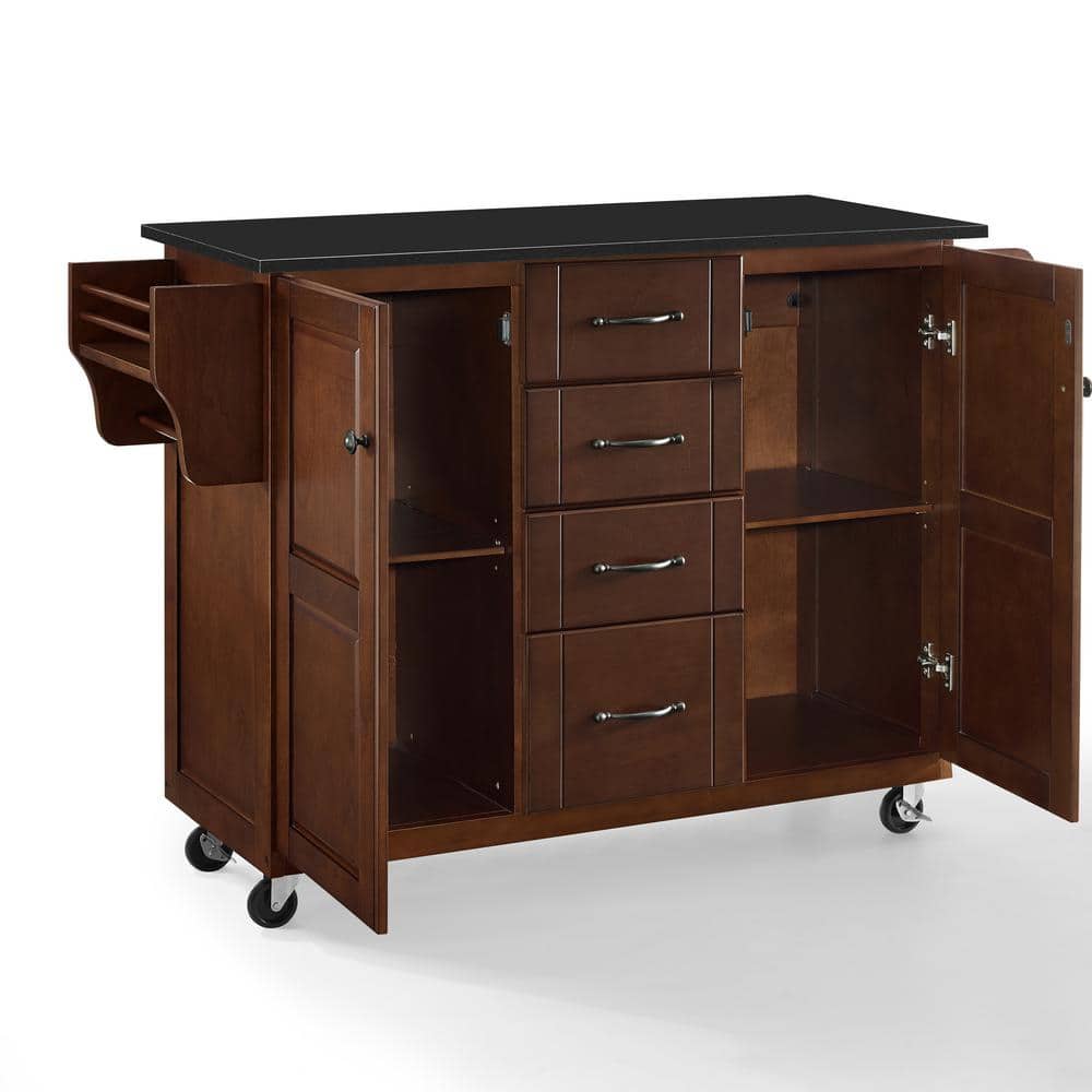 Eleanor Mahogany Kitchen Cart with Black Granite Top and Spice Rack