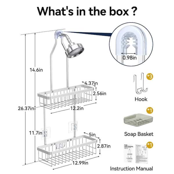 Silver Aluminum Shower Caddy Hanging for Inside in Shower with Hooks for Razor and Storage with Soap Holder Bright