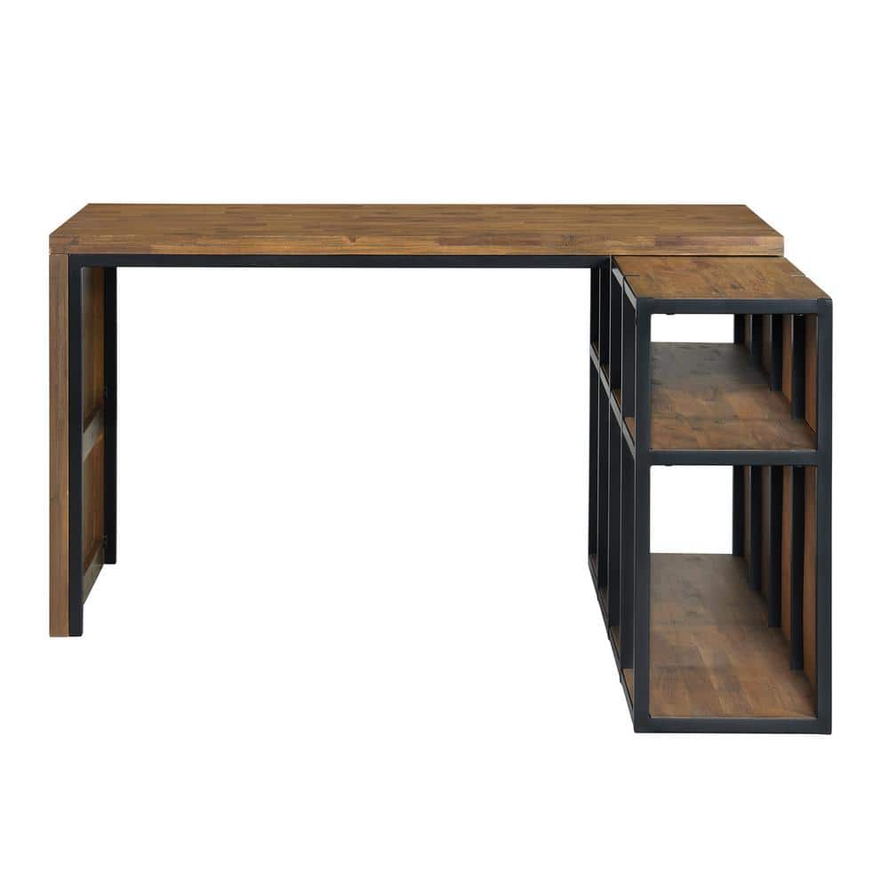 Acacia Wood L-Shaped Corner Desk with Storage Credenza
