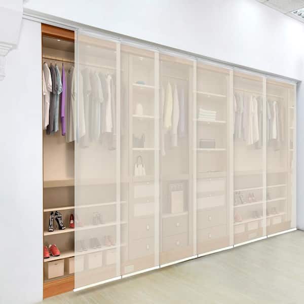 EMOH Ivory Mesh 70 in.- 130 in. W x 116 in. L Adjustable 6-Panel White Single Rail Panel Track with 23.5 in. Slates