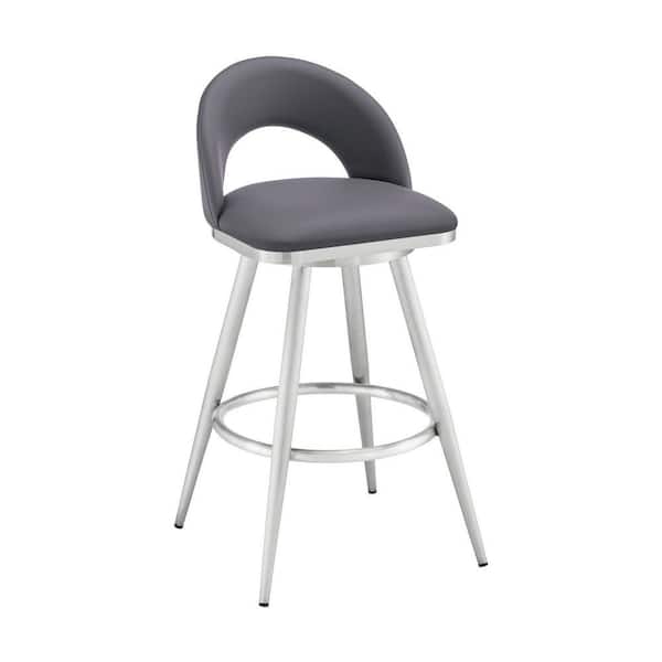 Benjara 26 in. Silver and Gray Low Back Metal Frame Counter stool with Faux Leather Seat