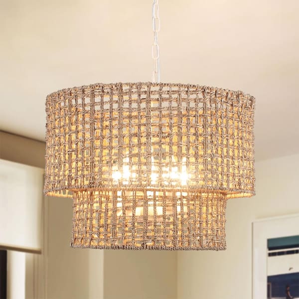 5-Light Drum White Hanging Linear Chandelier Lighting Candlestick Light with Rattan Shaded for Kitchen Island