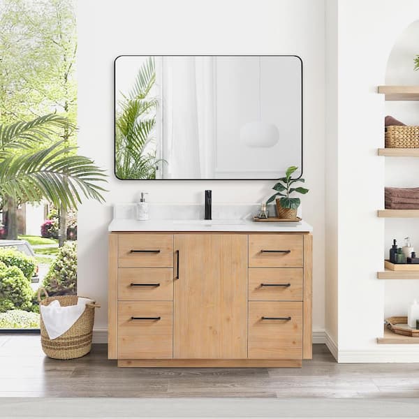 San 48 in.W x 22 in.D x 33.8 in.H Single Sink Bath Vanity in Fir Wood Brown with White Composite Stone Top