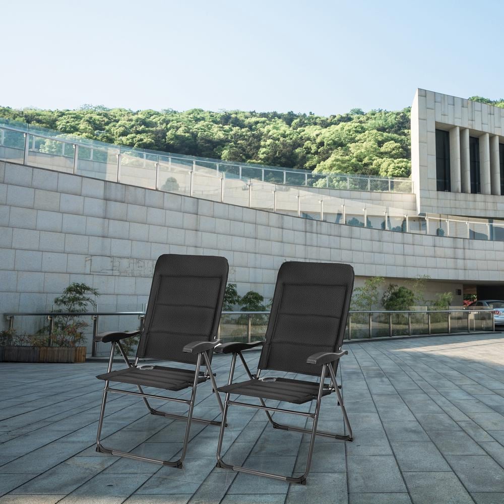 Adjustable Black Steel Frame Reclining Patio Chairs, Set of 2