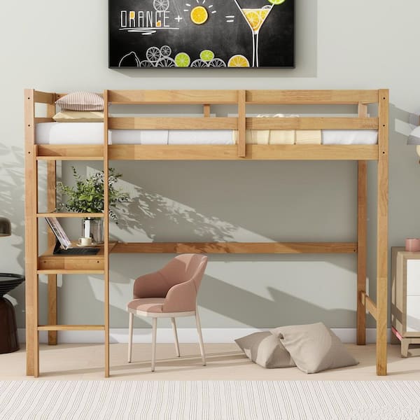 Natural Yellow Twin Size Wood Loft Bed with Safety Guardrail and ladder