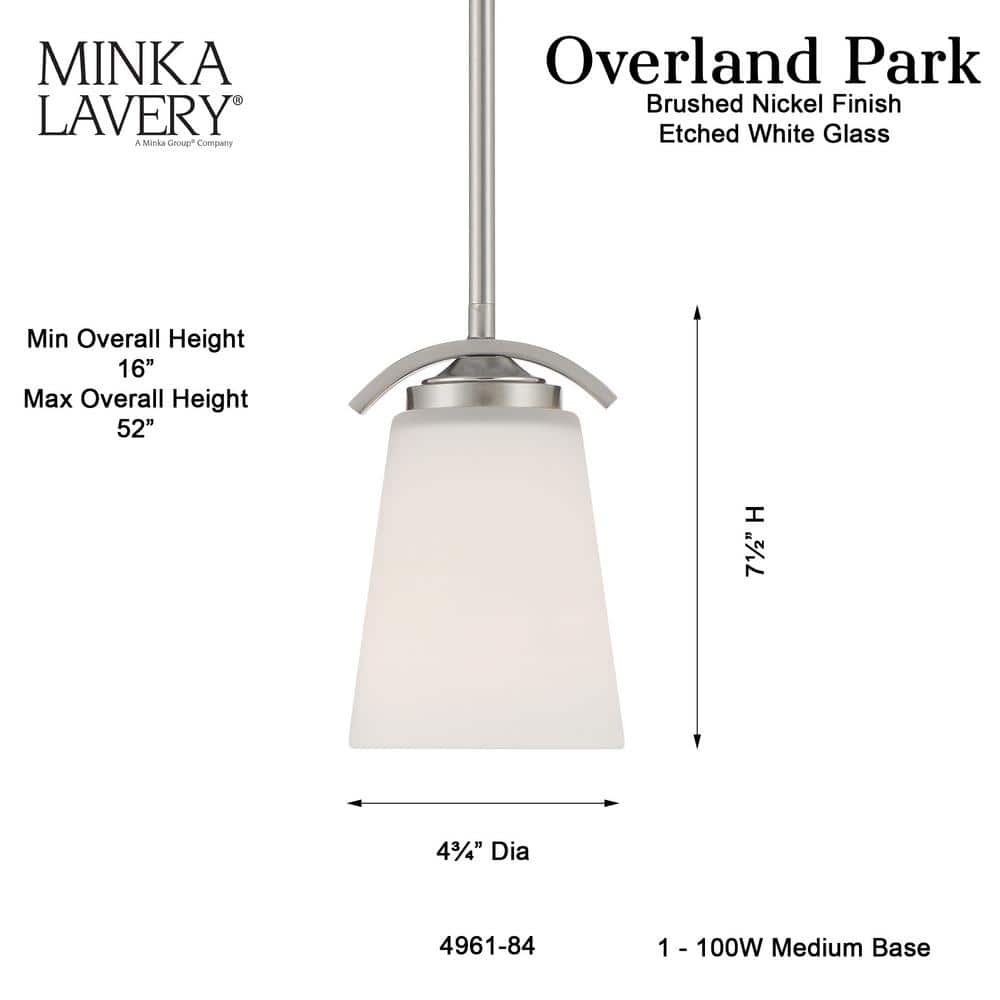 Overland Park Brushed Nickel Mini Pendant with Etched White Glass
