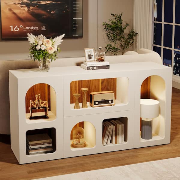 BYBLIGHT Turrella 59 in. White Rectangle Wood Console Table Storage Organizer Entrance Table with 6-Compartments, Long Sofa Table
