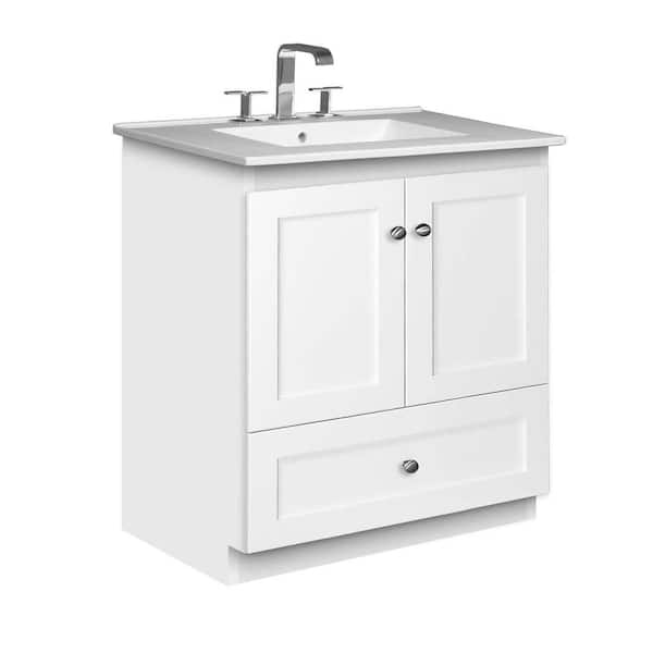 Simplicity by Strasser Shaker 31 in. W x 22 in. D x 35 in. H Vanity with No Side Drawers in Satin White with Ceramic Vanity Top in White