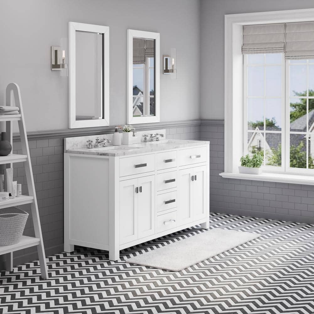 Madison 60" Pure White Double Sink Bathroom Vanity with Carrara Marble Top