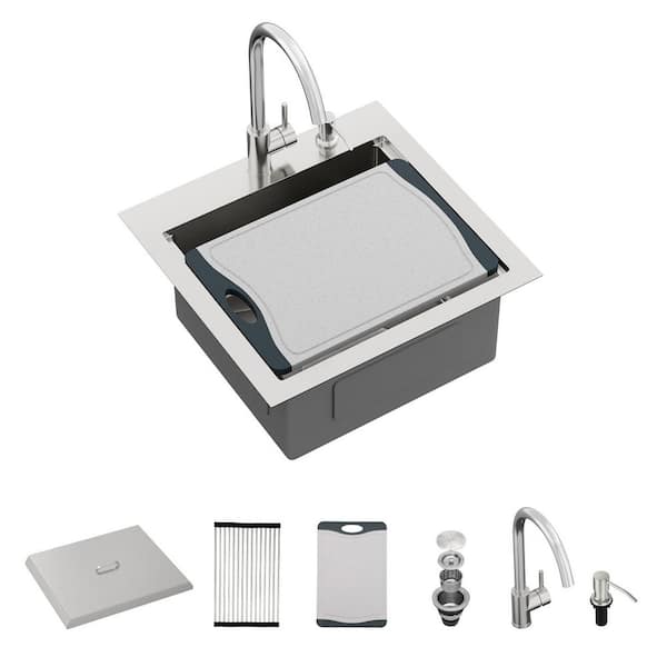 21 in. x 20 in. Drop-In Single Bowl Workstation Kitchen Bar Sink 16 Gauge Stainless Steel sink with Versatile Faucet