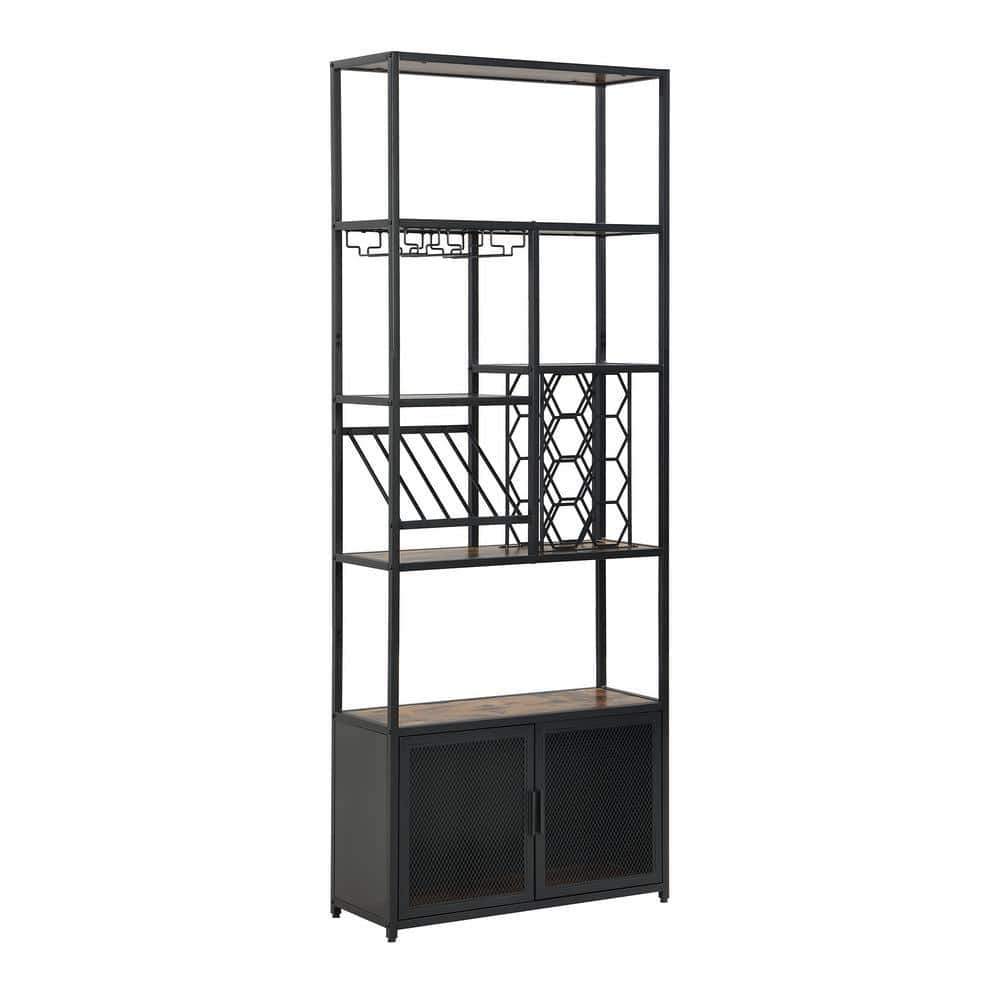 13-Bottle Standing Wine Rack with Glass Rack, Industrial 82.7 in. H 5-Tier Freestanding Floor Bar Cabinets, Rustic Brown