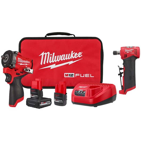 Milwaukee M12 FUEL 12V Li-Ion Brushless Cordless Stubby 3/8in. Impact Wrench Kit w/(2) Batteries& 1/4 in. Right Angle Die Grinder