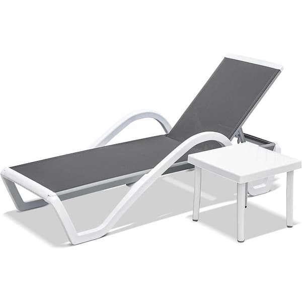 Unbranded Gray Patio Metal Adjustable Chaise Lounge, Outdoor Reclining Chairs with White Coffee Table for Poolside, Lawn