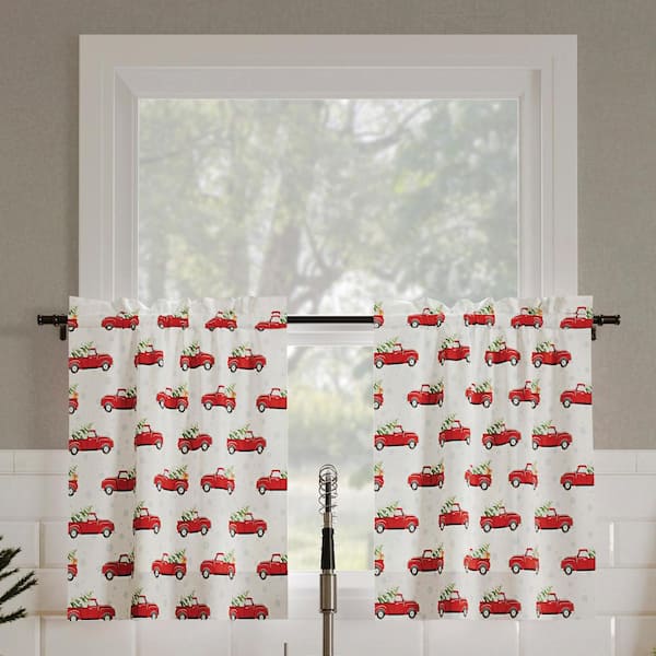 Sun Zero Christmas Truck Red Polyester 54 in. W x 24 in. L Rod Pocket Light Filtering Kitchen Curtain Tier Pair (Set of 2)