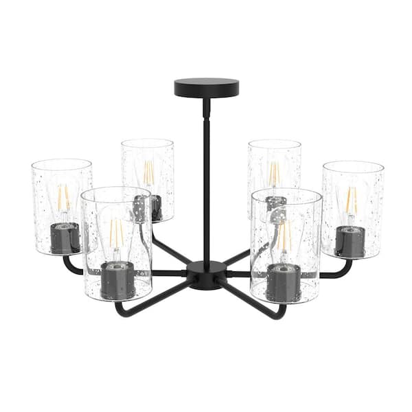 28 in. 6-Light Black Modern Semi-Flush Mount Pendant Lighting, Adjustable Height with Glass Shades for Dining Room