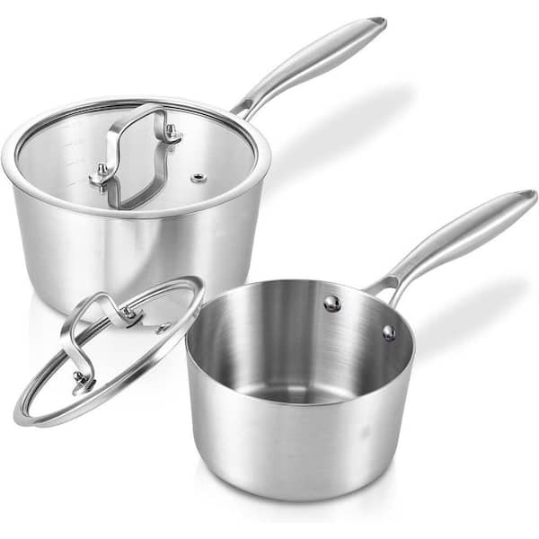 1 qt. and 2 qt. Tri-Ply Clad Stainless Steel Nonstick Sauce Pan in Silver with Glass Lid Induction Oven Safe Set 2-Pack