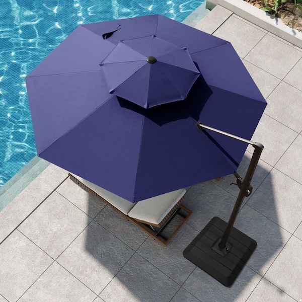 11 ft. Cantilever Offset Outdoor Large Parasol Patio Umbrella with Base Included in Navy Blue