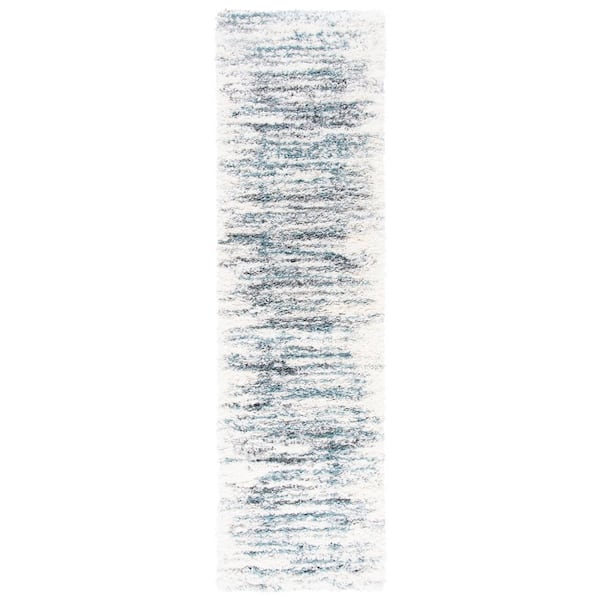 Fontana Shag 2 ft. x 14 ft. Ivory/Teal Distressed Striped Runner Rug