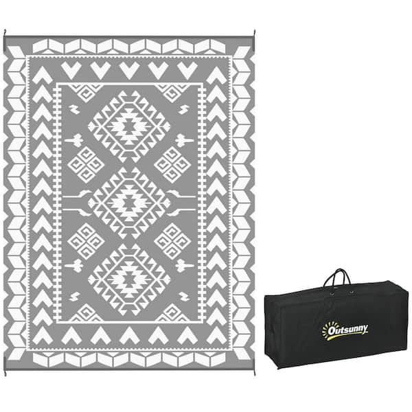 Outsunny Gray and White Rhombus Patchwork 9 ft. x 12 ft. Waterproof Plastic Reversible Outdoor Rug Large Straw Floor Mat Area Rug