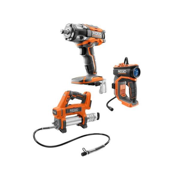 RIDGID 18V Cordless 3-Tool Combo Kit with Grease Gun, Impact Wrench, and Inflator (Tools Only)