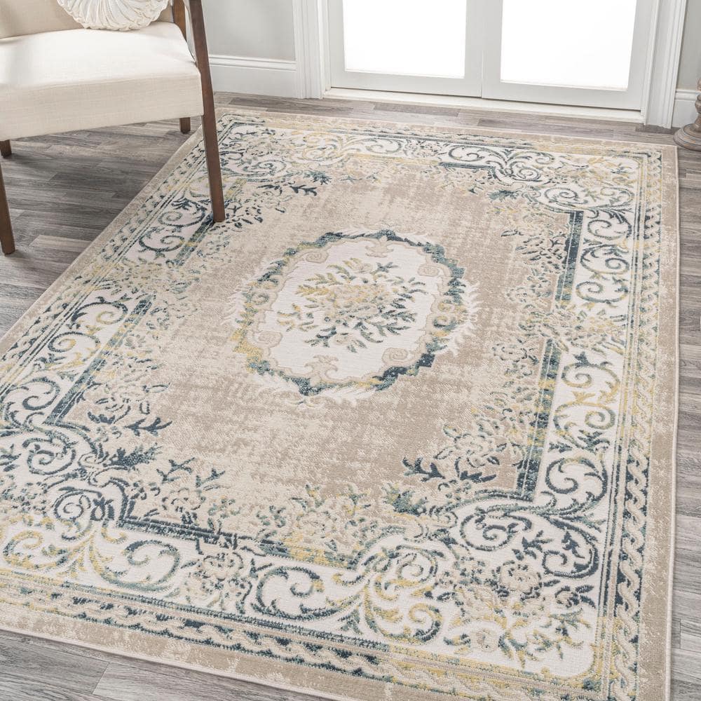 Ivory/Navy 4' x 6' Reversible Synthetic Medallion Rug