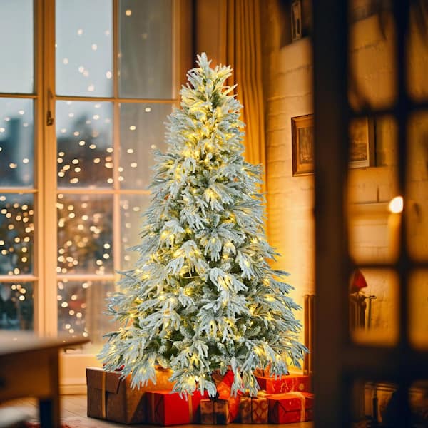 6 ft. Pre-Lit Spruce Snow Flocked Artificial Christmas Tree with 300 LED Lights for Holiday Office Home Decor