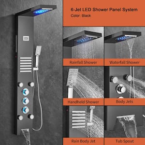 55 in. 6-Jet LED Rainfall Mist Shower Panel System with Adjustable Massage Jets and Waterfall Tub Spout in Matte Black
