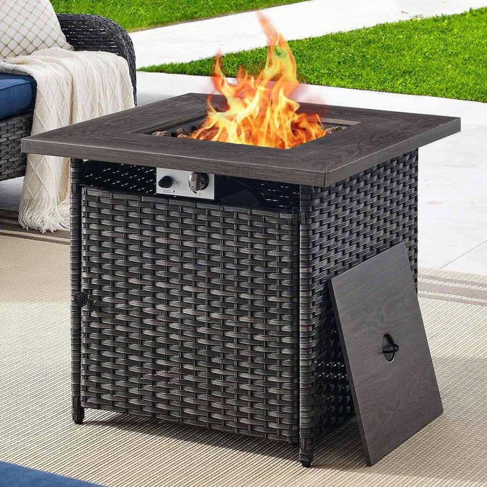Gray Wicker Propane Fire Pit Table with Faux Wood Top