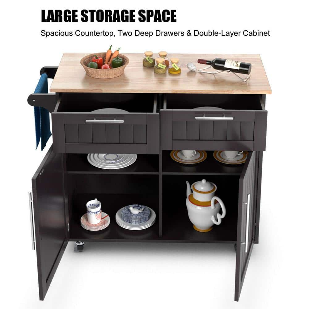 Brown Rubberwood Kitchen Cart with Storage and Casters