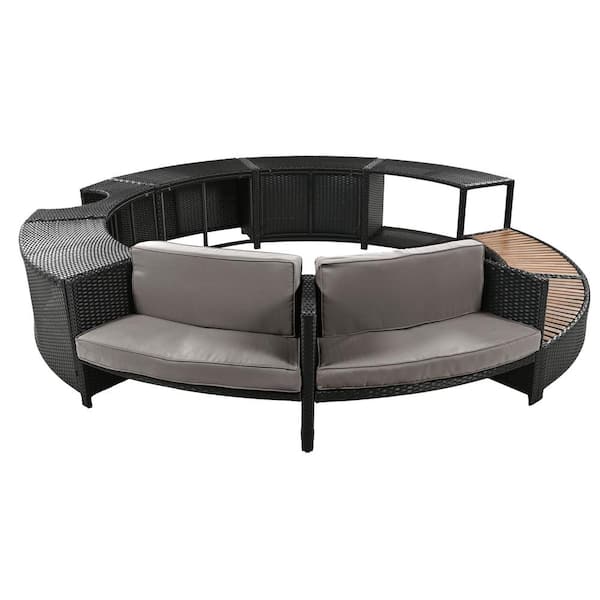 Boosicavelly Spa Surround Black Wicker Outdoor Sectional Set with Grey Cushions and Storage Spaces