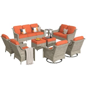 Eureka Gray 9-Piece Wicker Modern Outdoor Patio Conversation Sofa Seating Set with Swivel Chairs and Red Cushions