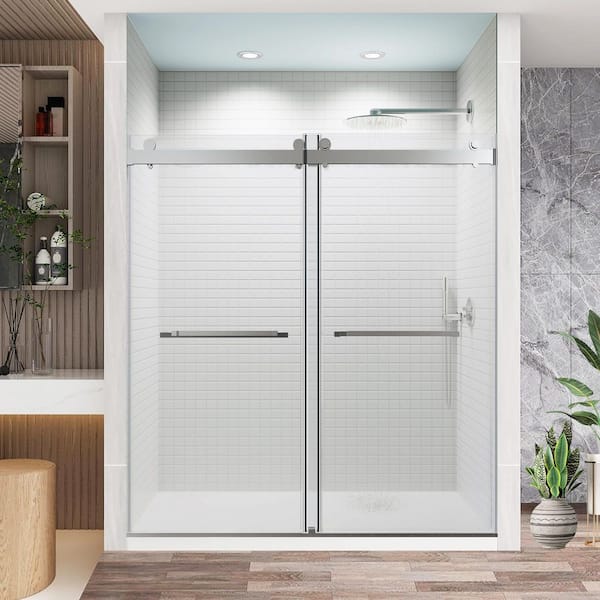 56-60 in. x 76 in. H Double Sliding Frameless Shower Door in Brushed Nickel with 10mm Thick SGCC Tempered Clear Glass