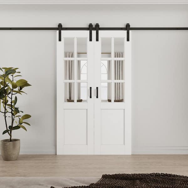 48 in. x 80 in. 6-Lite Tempered Clear Glass White Primed MDF No Assembly Required Sliding Barn Door with Hardware Kit