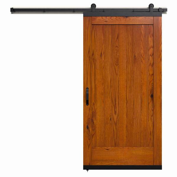 JELD-WEN 42 in. x 80 in. Karona 1 Panel Chestnut Stained Rustic White Oak Wood Sliding Barn Door with Hardware Kit